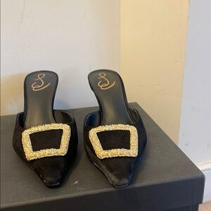 Elegant Black Mules with Gold Accent